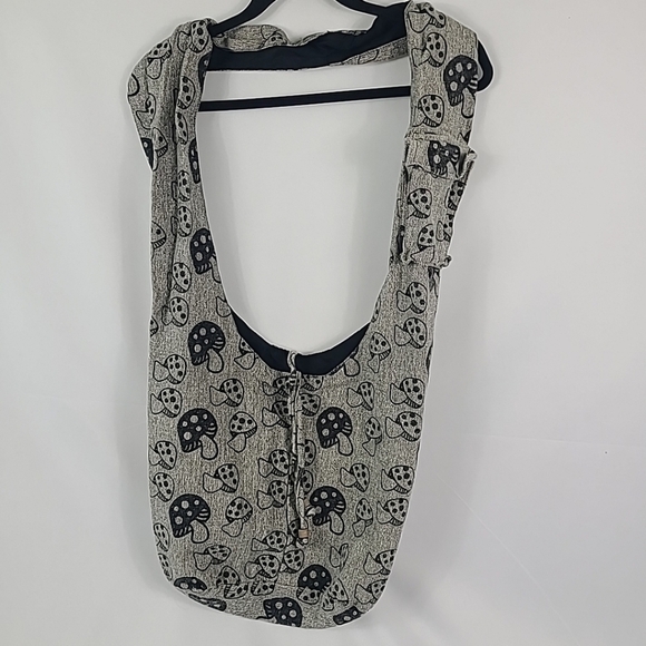 Kathmandu Handbags - Kathmandu Imports Bag Purse Crossbody Handmade Black Grey Mushroom Print